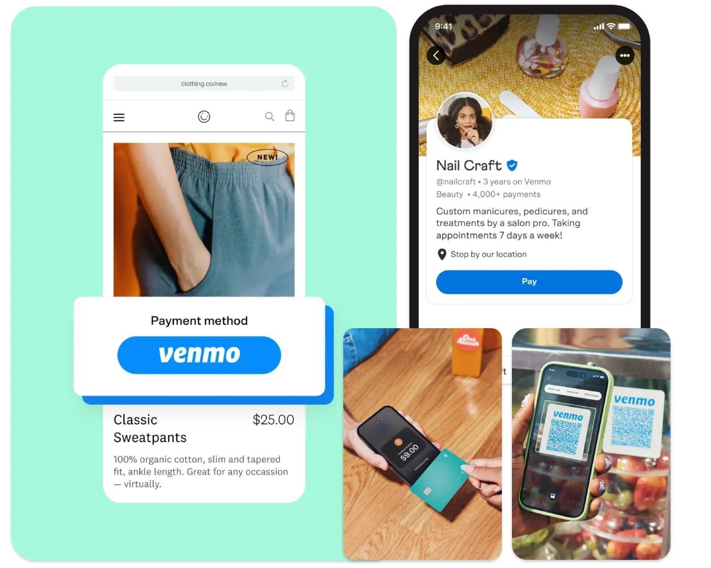 Collage showing Venmo payment options including online shopping checkout, business profile, card reader transaction, and QR code scan for purchases.