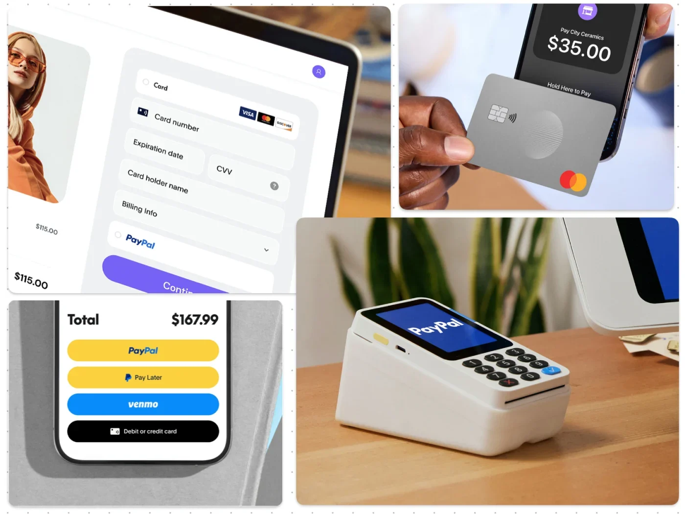 Collage of digital and in-store payment methods showing online checkout forms, mobile payment with credit card, PayPal options, and payment terminal.
