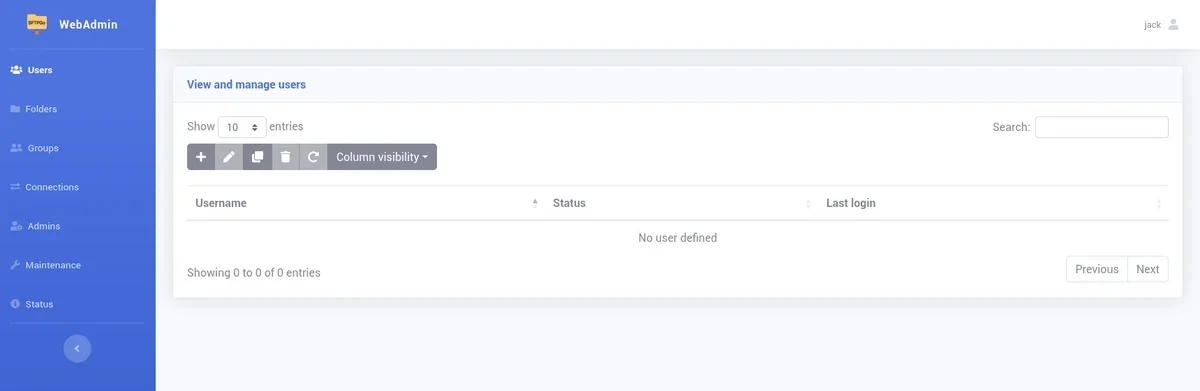 SFTPGo user management menu.