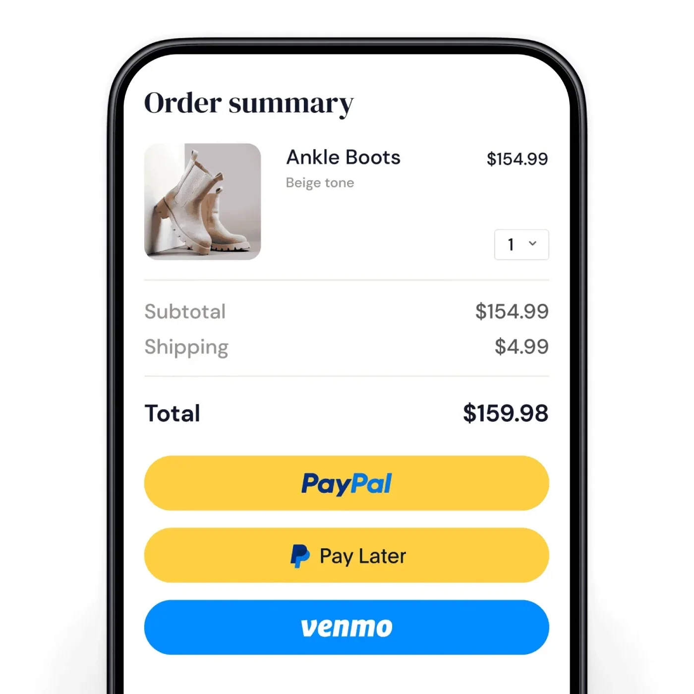 PayPal's available payment methods for businesses.