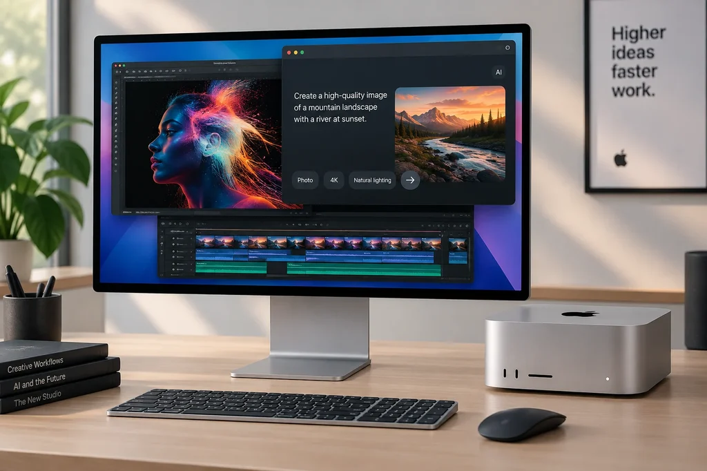 Mac Studio on a modern desk beside a display showing creative and AI-assisted workflows.
