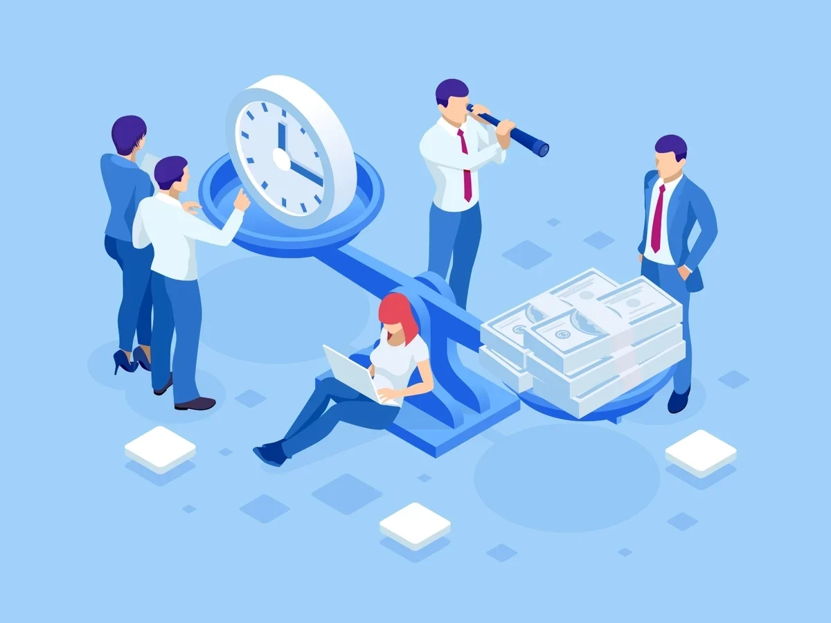 people illustrated around a scale that has a clock on one side and money on the other