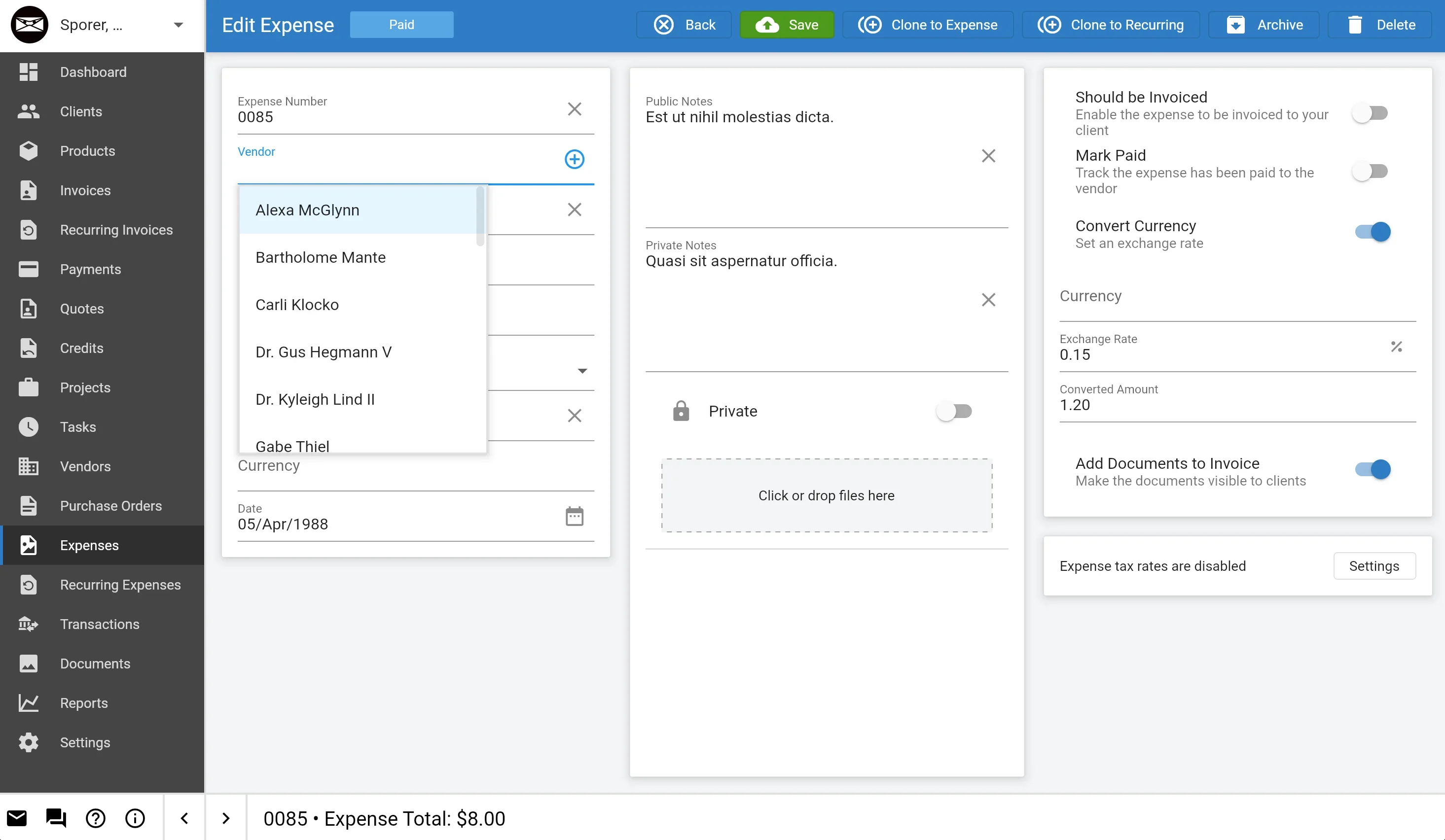Invoice Ninja's expense tracker, capable of transferring expenses to particular invoices.