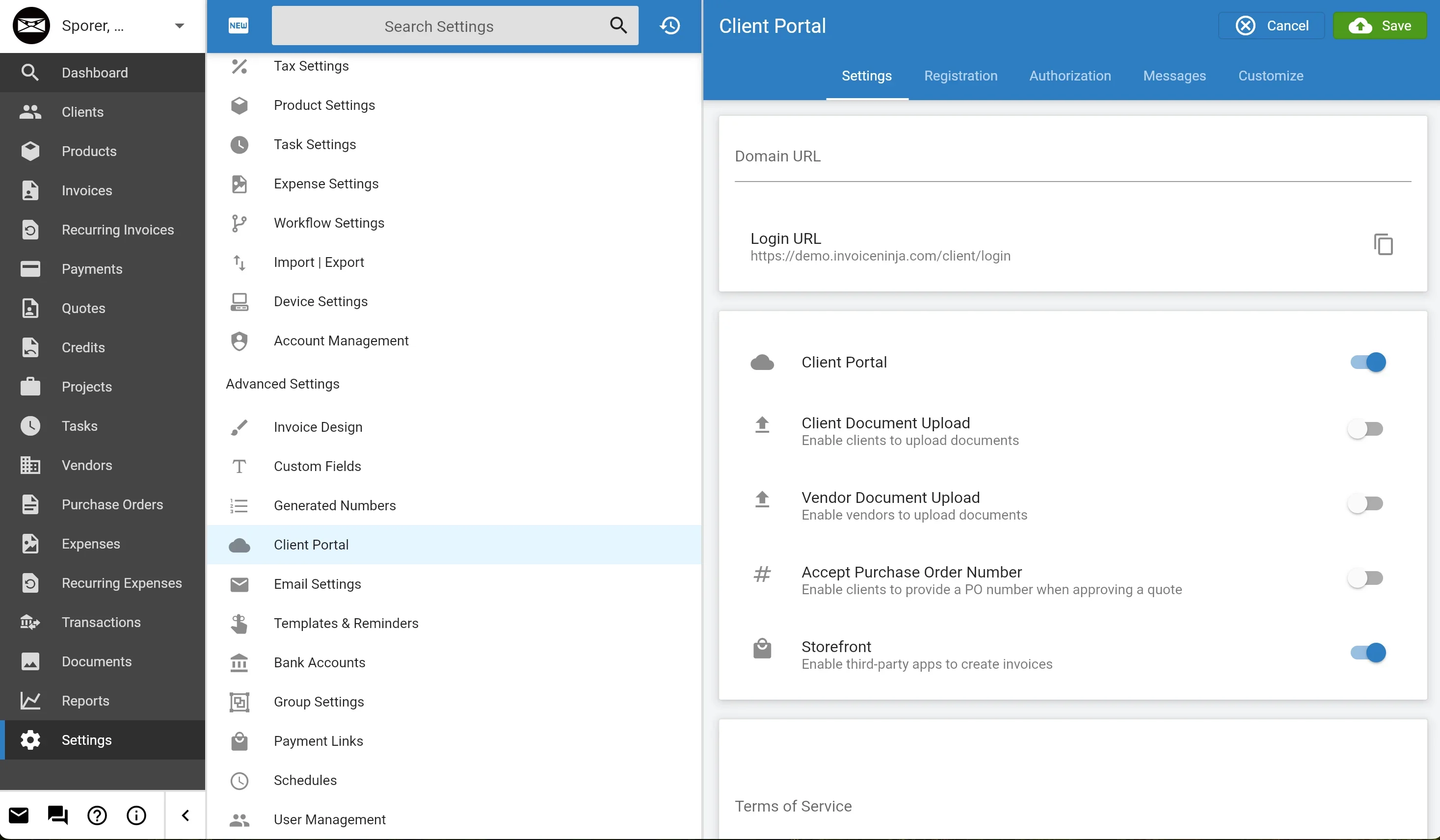 An example of how to manage client portals in Invoice Ninja.
