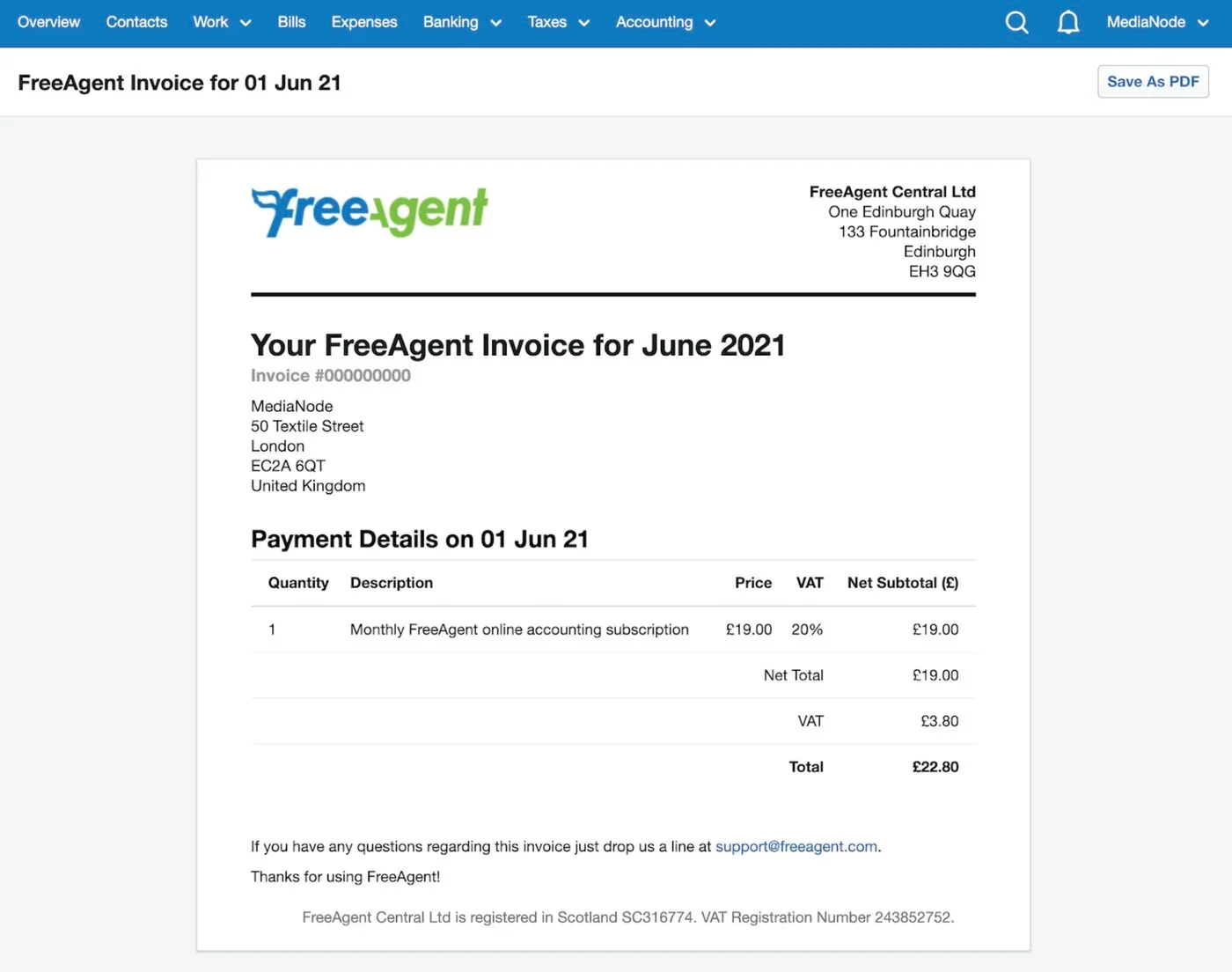An example of a FreeAgent invoice.