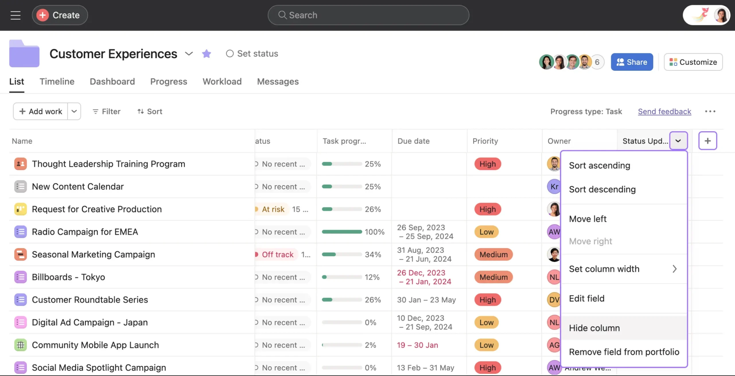 Asana project list view showing tasks with status, progress, due dates, priority levels, and a dropdown menu for sorting and customizing columns.