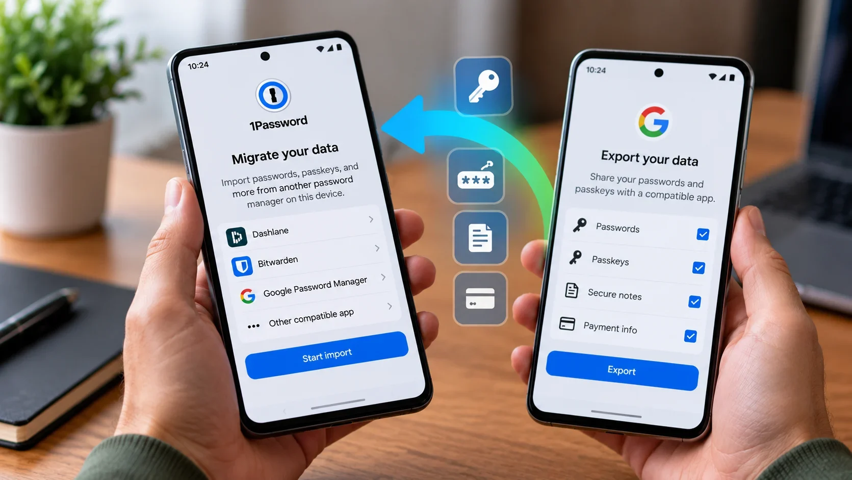 Two Android smartphones illustrating password and passkey transfers between password managers, including 1Password, Dashlane, Bitwarden, and Google Password Manager.
