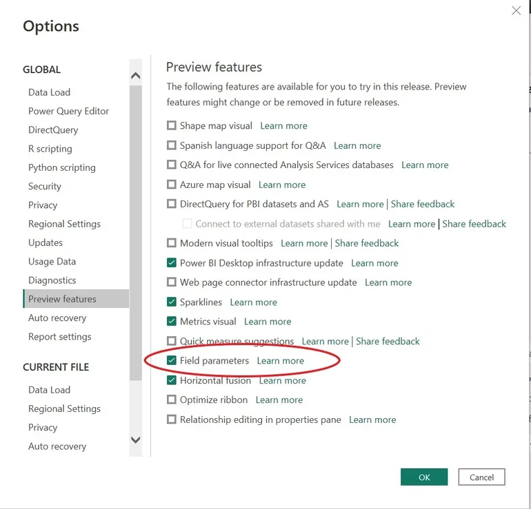 Enable the Field Parameters feature.