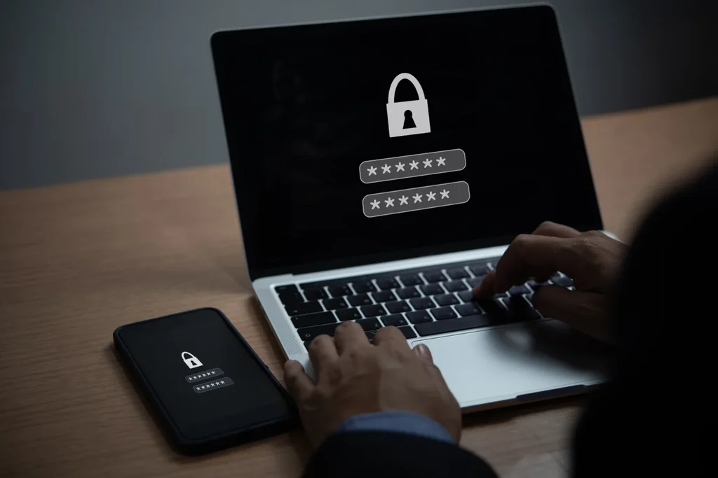 Laptop and mobile phone with locked encryption.