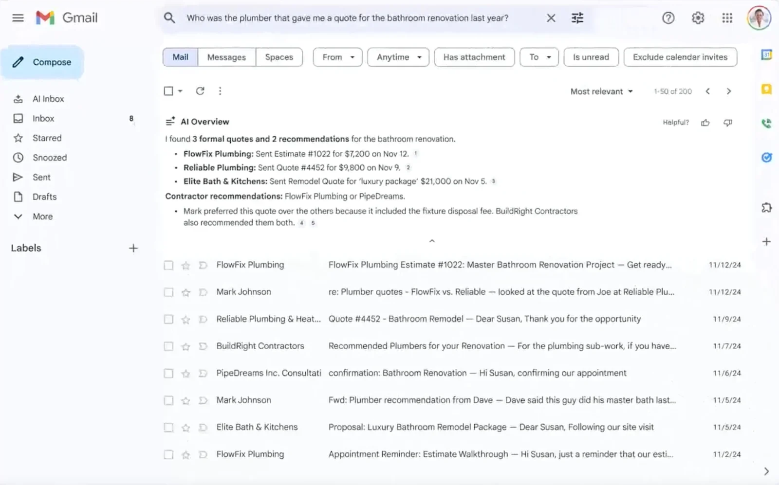 AI Overview pulls together relevant information from multiple emails to answer your question without having to open individual messages.