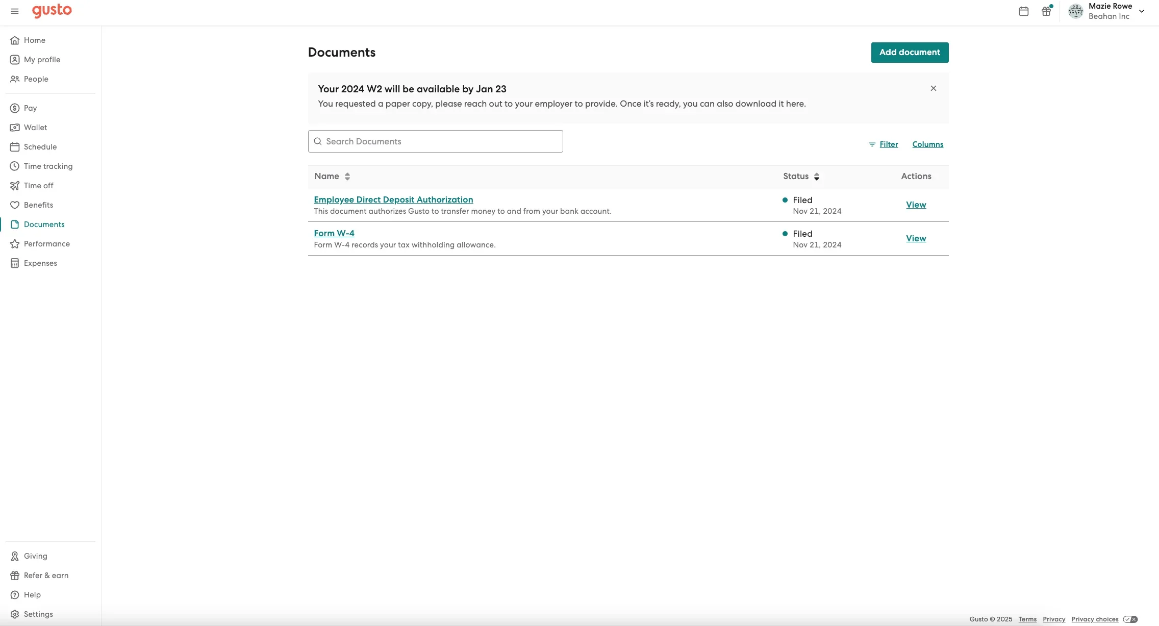 Gusto displays its documents dashboard with links to download an employee named Mazie Rowe's W-4 and direct deposit authorization, plus a note at the top that their 2024 W-2 will be available by January 23.