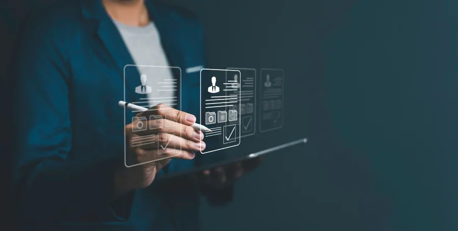 Employee management system viewed through a hologram.
