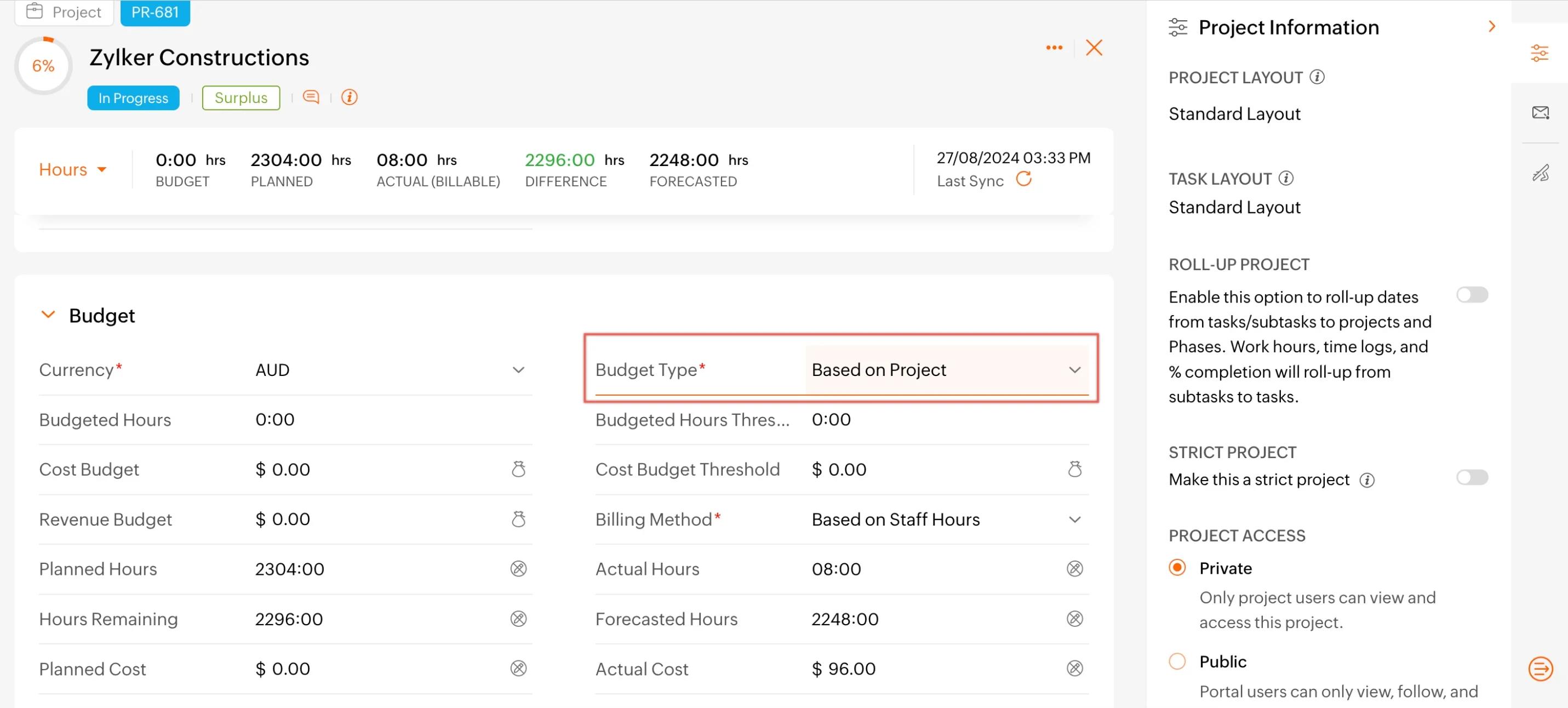 Zoho Projects budget settings showing project-based budgeting and tracked hours, costs, and forecasts.