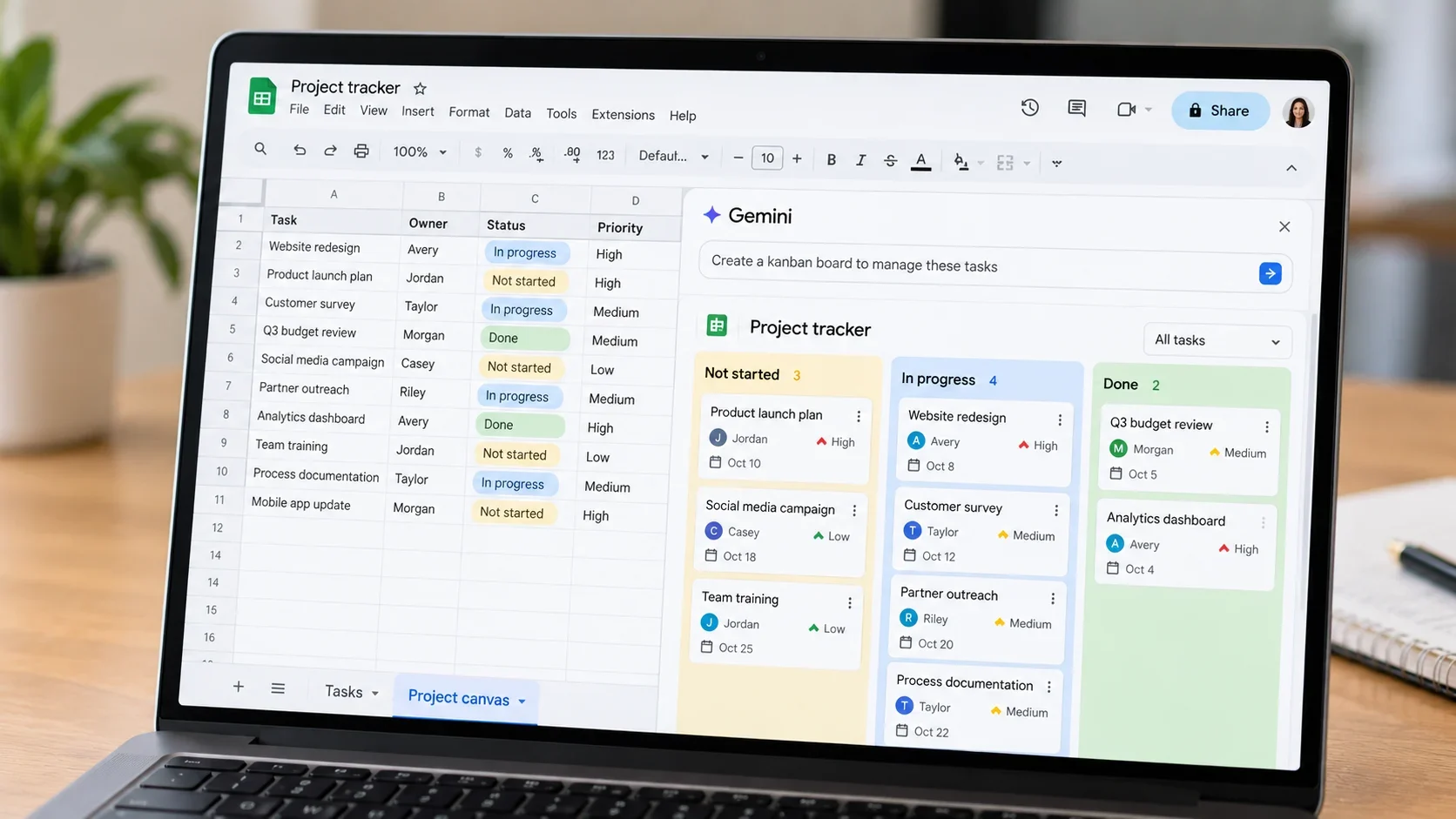 Laptop displaying an illustrative Google Sheets spreadsheet alongside a Gemini-generated Kanban board with tasks organized by project status.