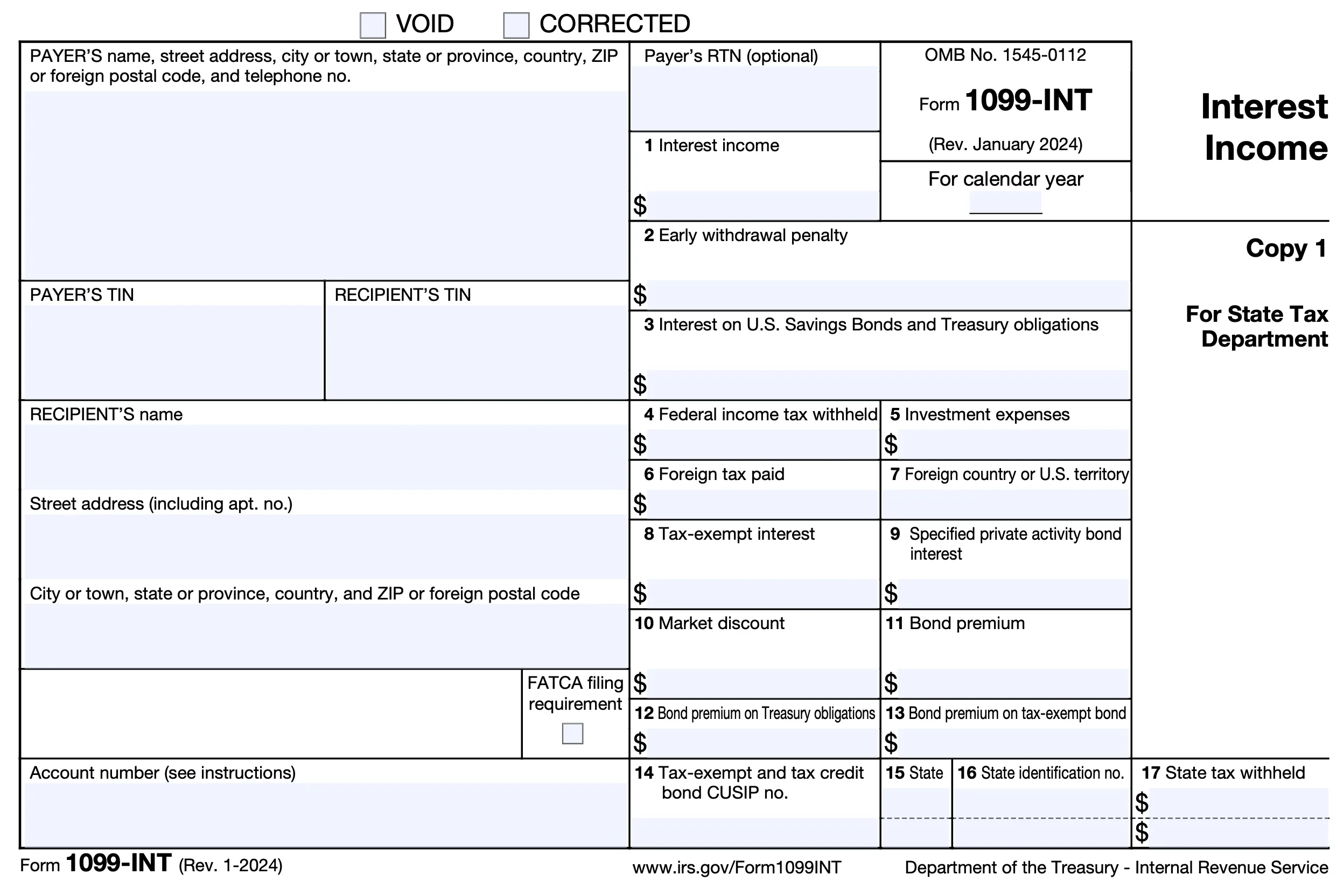 The I099-INT form displays blank text boxes for reporting Interest income, including total interest income, federal income tax withheld, foreign tax paid, and tax-exempt interest.