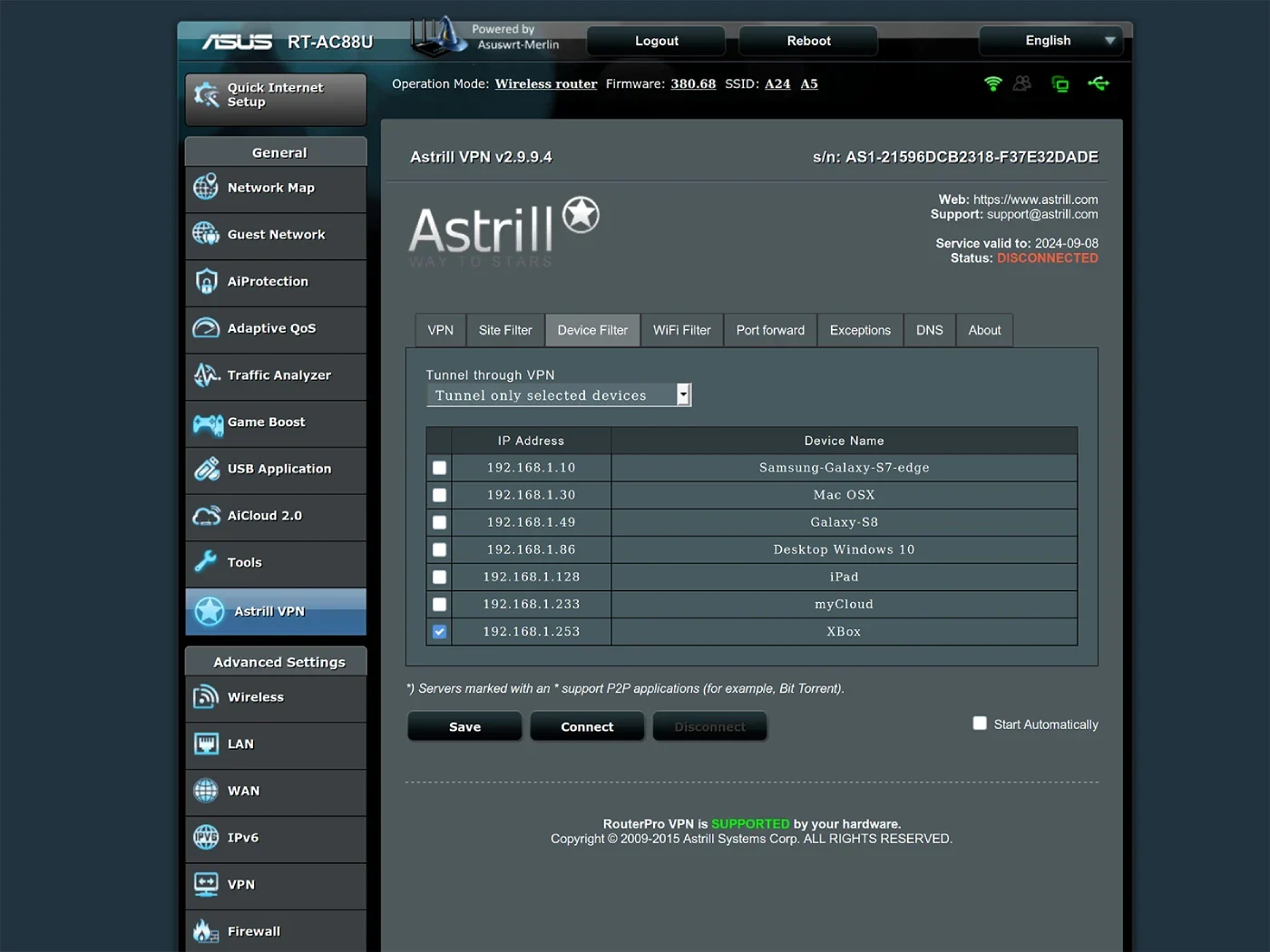 Astrill VPN screenshot.