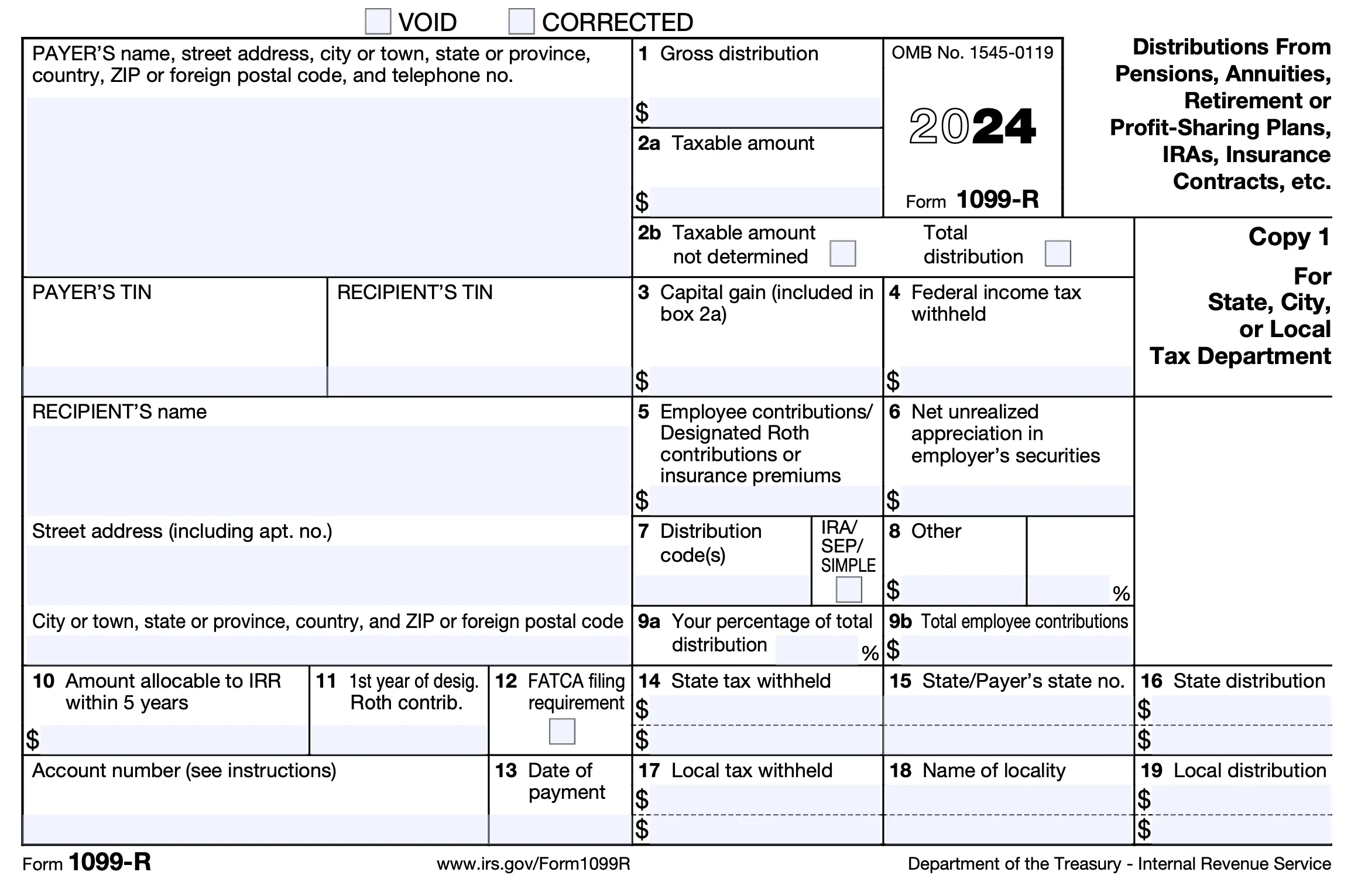 The 1099-R form displays empty boxes for information like gross distribution, taxable amount, and federal income tax withheld.