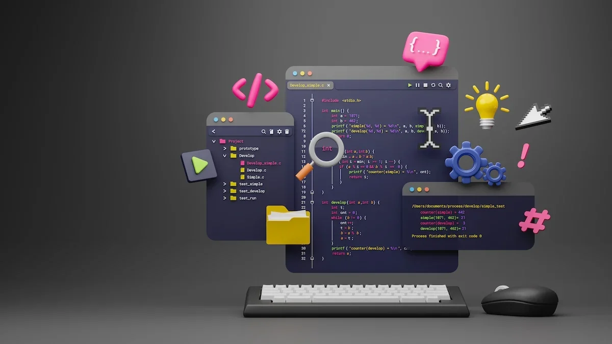 Programmer developer typing script source languages coding symbols icon development project data programming software engineering IT technologies computer. 3d rendering.