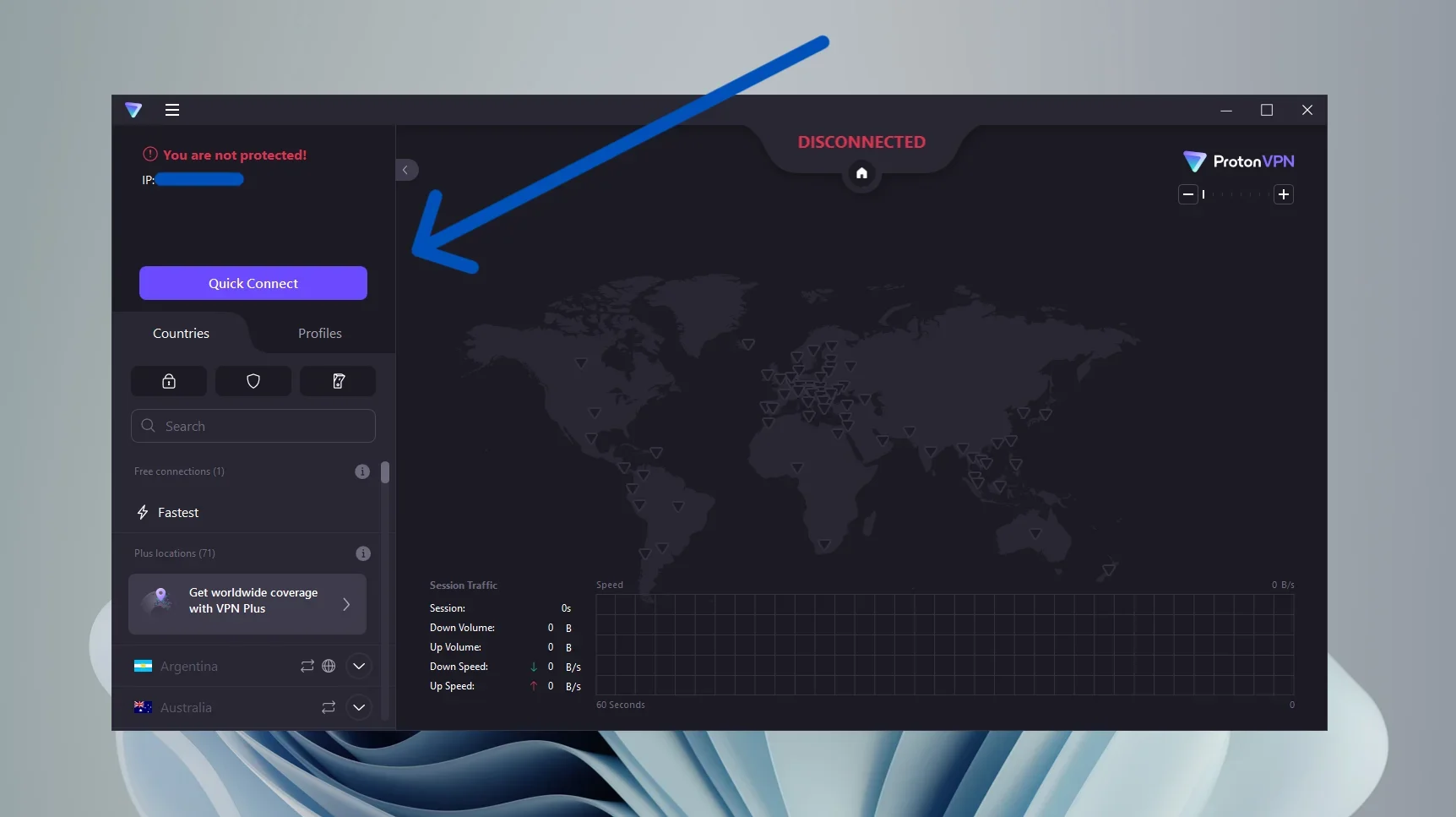 Proton VPN’s Quick Connect button on Windows.