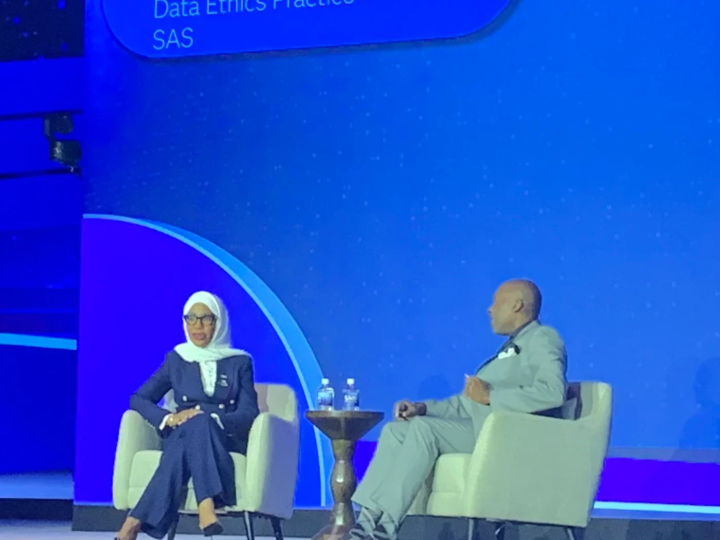 Photo from SAS Innovate in Orlando, Florida, of Mubaraka Ibrahim, chief AI officer of Emirates Health Services, on the left, and Reggie Townsend, vice president of the SAS Data Ethics Practice.