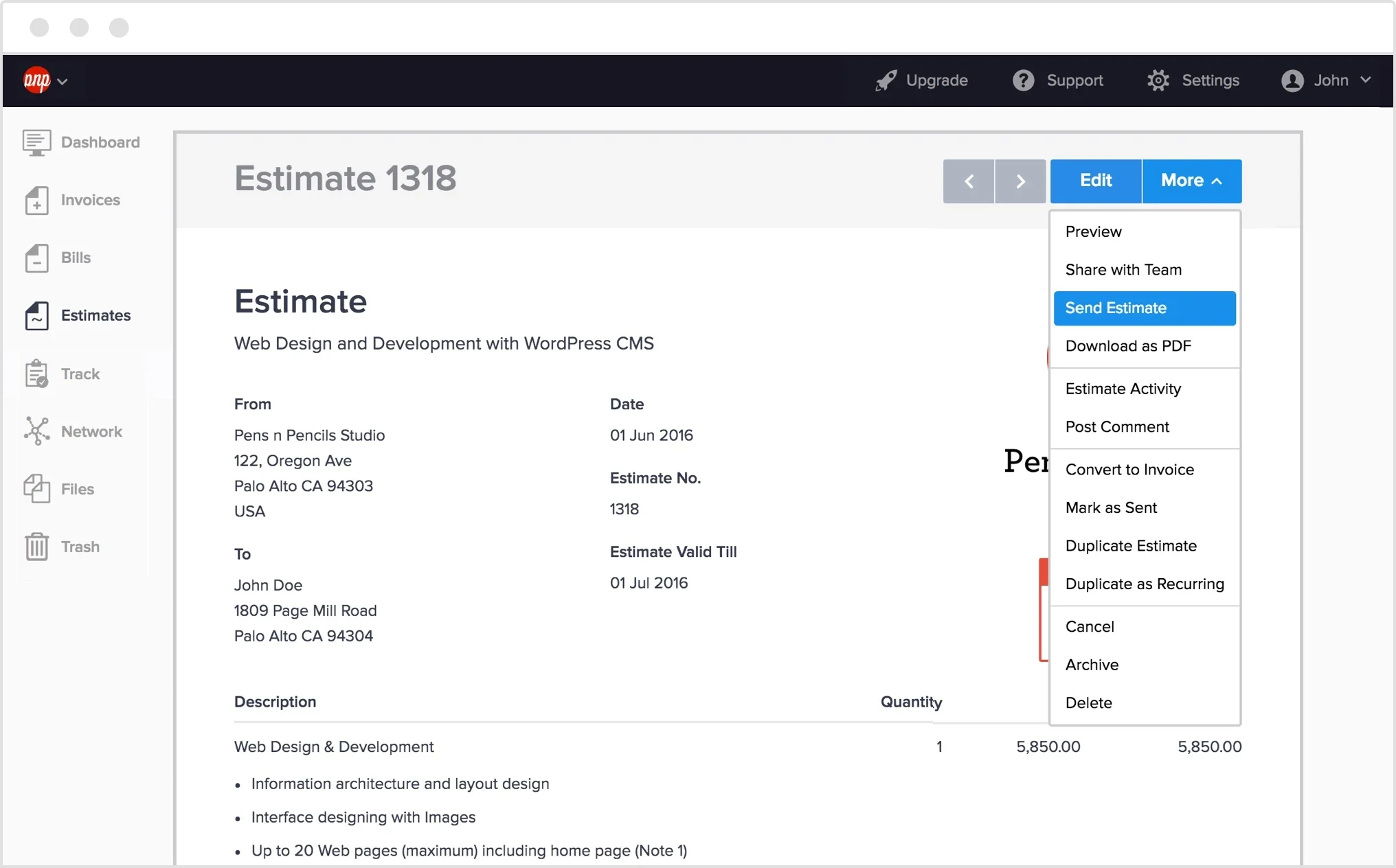 An look at Hiveage's estimate setup.