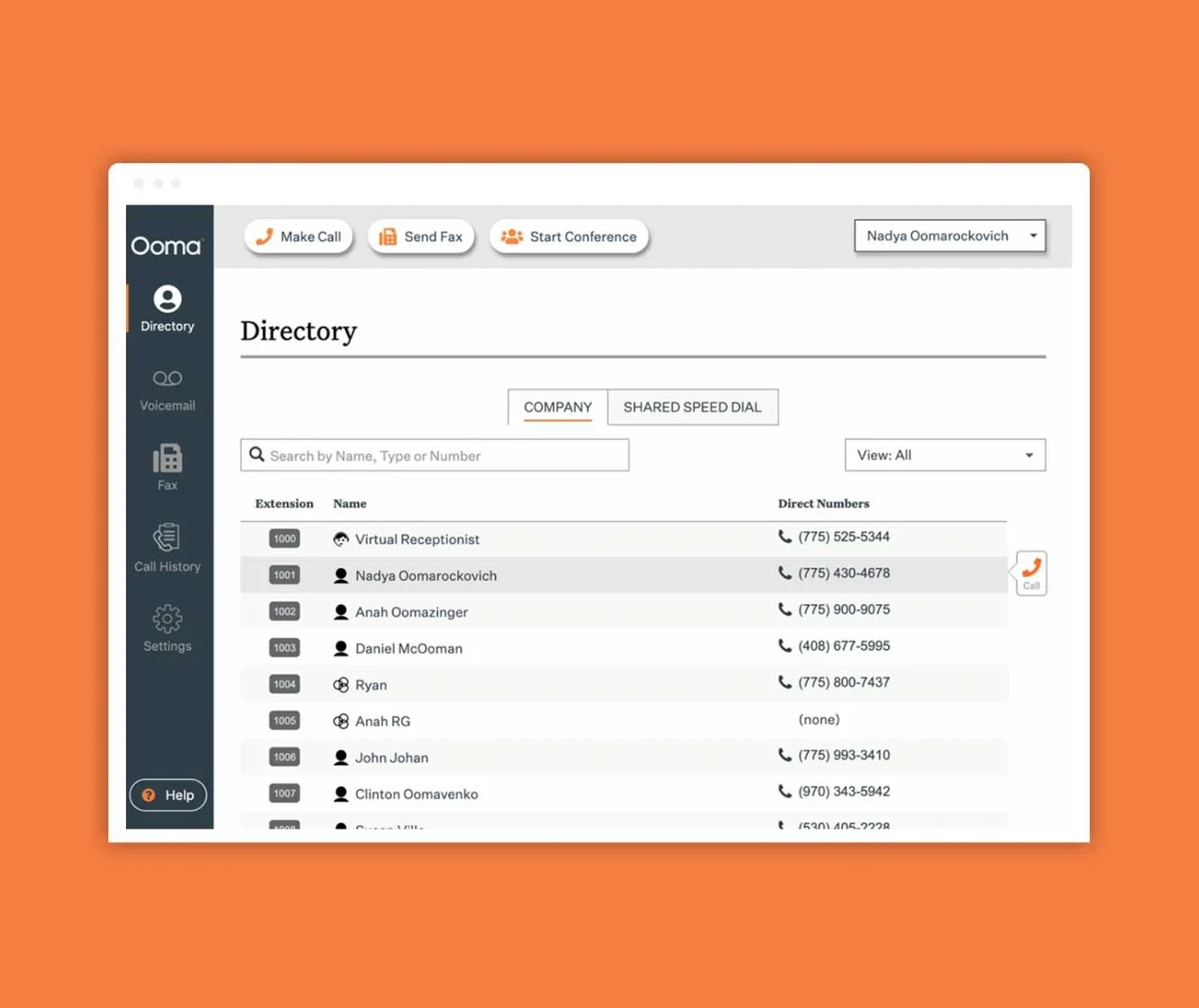 Ooma company directory in the account settings with a list of contact names, numbers, and extensions.