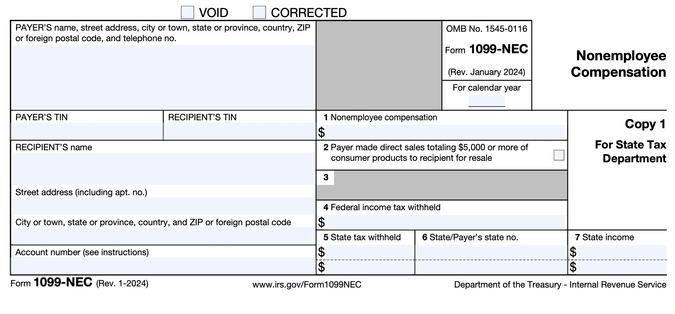 The I099-NEC form displays blank text boxes for total non-employee compensation and any withheld federal, state, or local taxes.