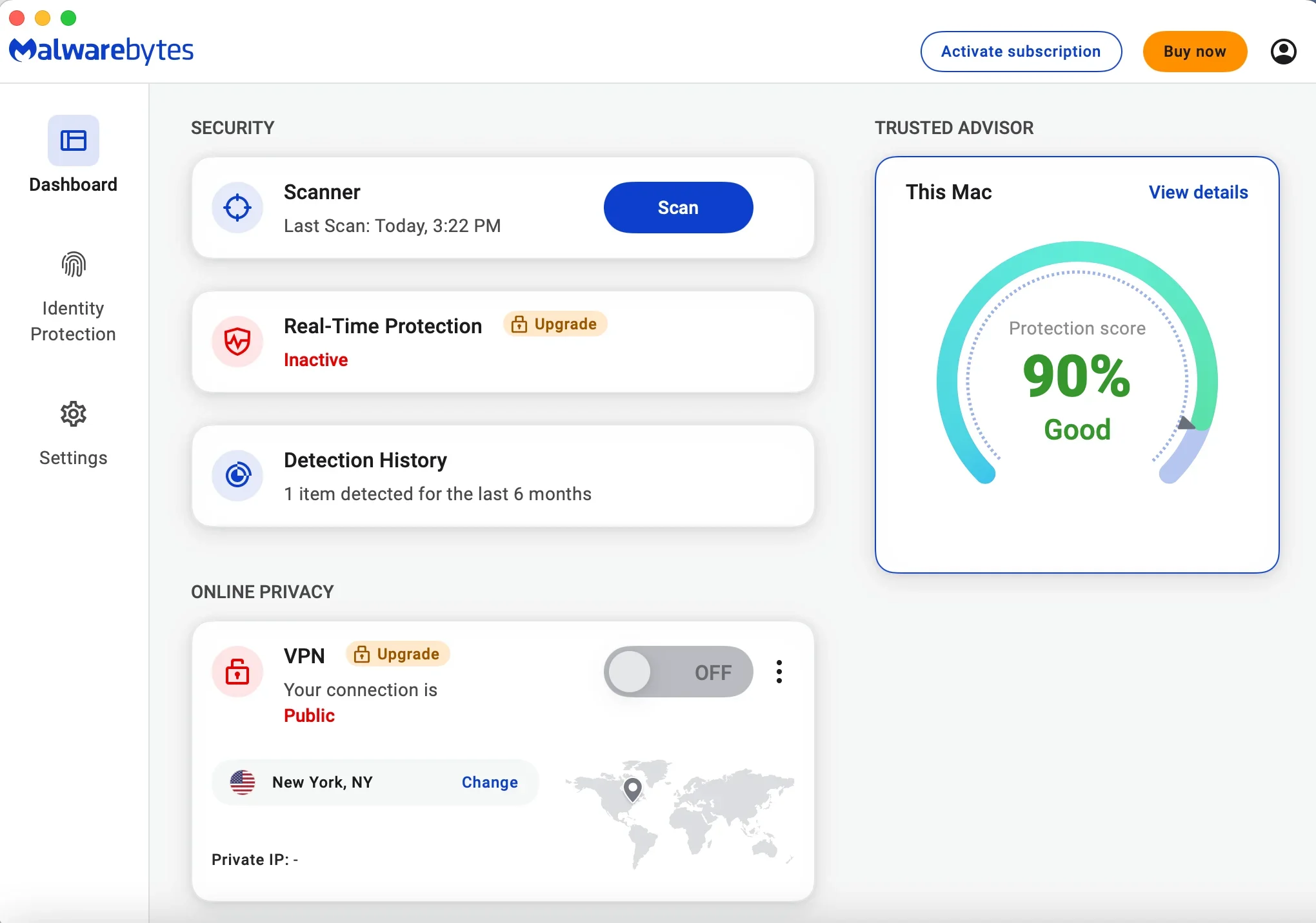 The Malwarebytes dashboard with Trusted Advisor score.
