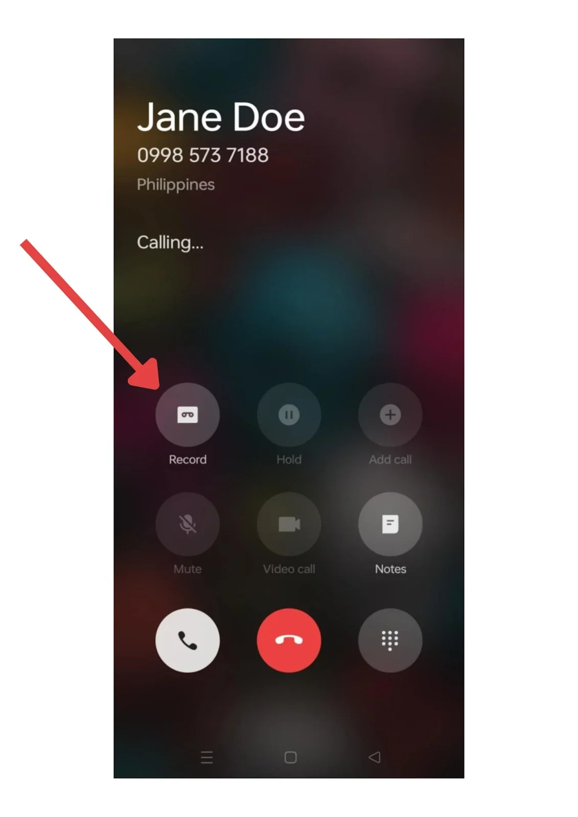 An arrow pointing to the Record button on an Android calling interface.