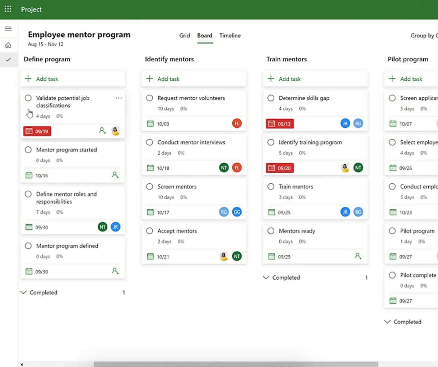 Microsoft Project Kanban board.