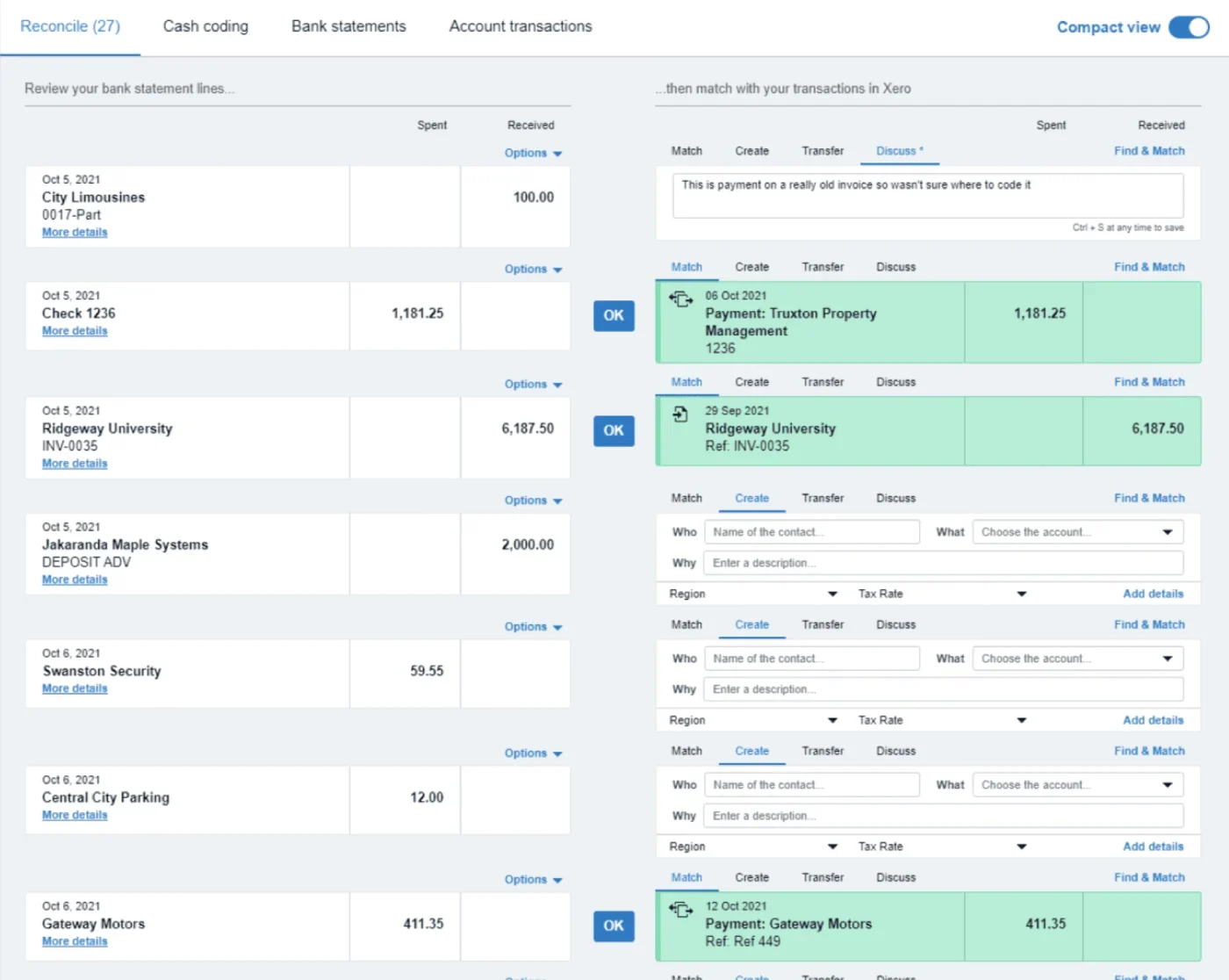 An example of bank reconciliation in Xero.