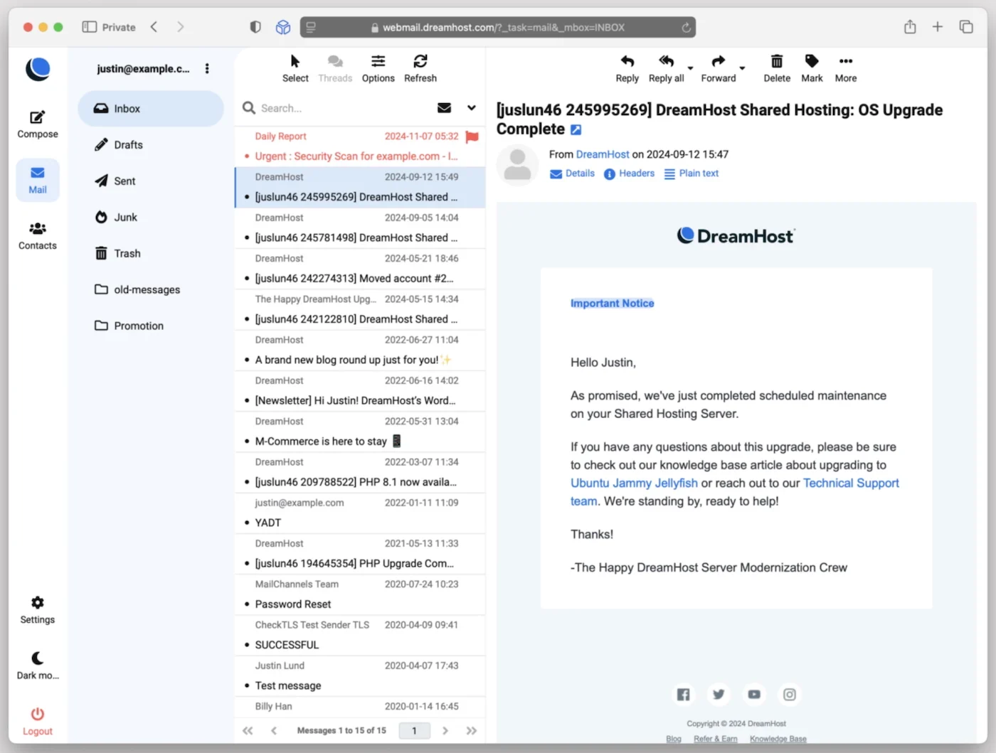DreamHost inbox with a sample email message.