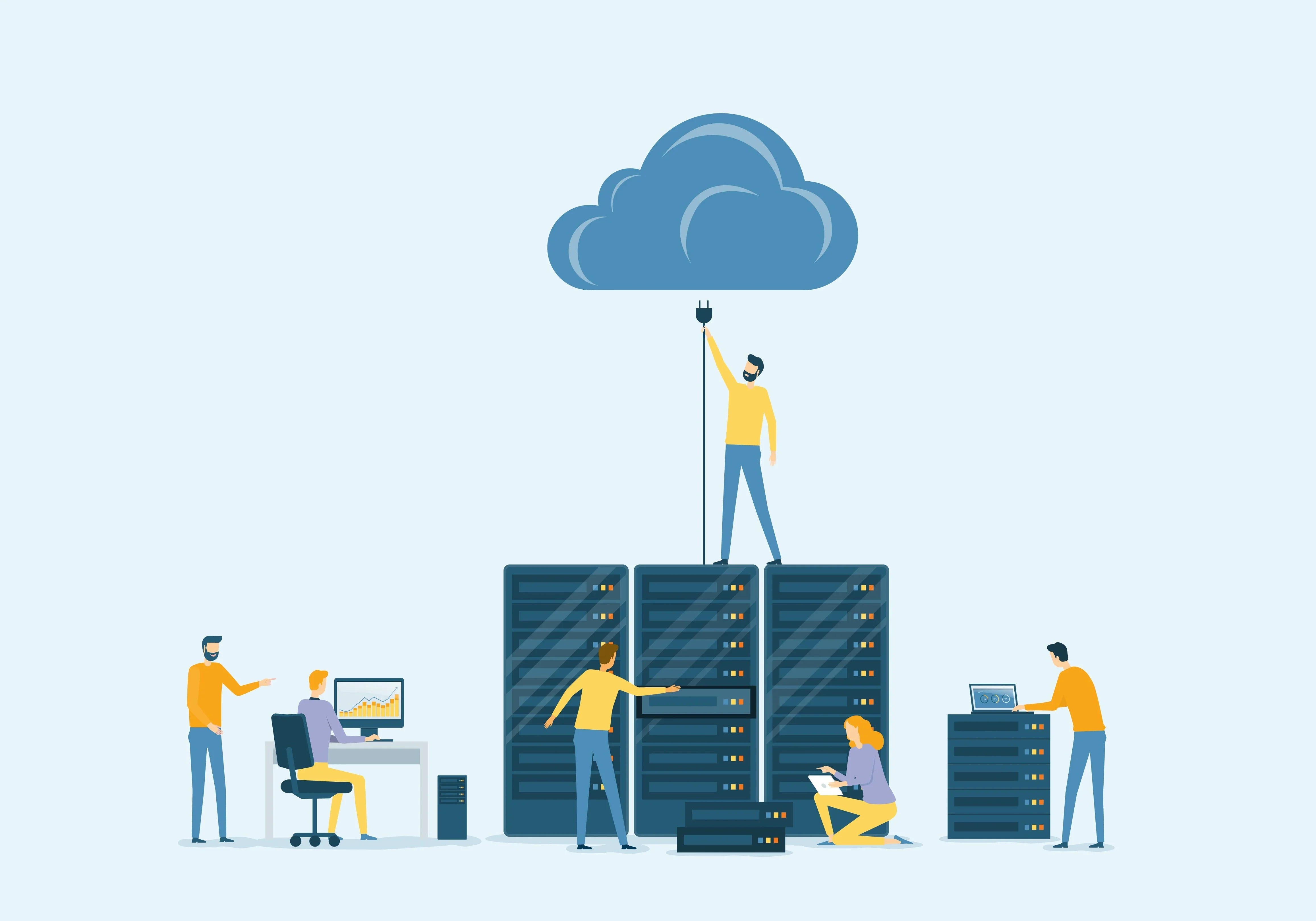 Flat vector business datacenter technology with cloud computing service concept and developer technician team working concept.