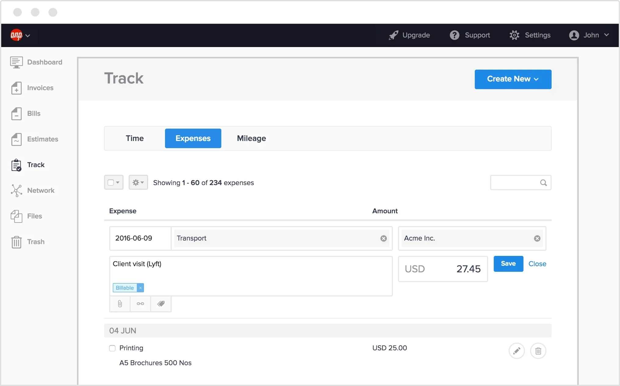 Expense tracking tool in Hiveage.
