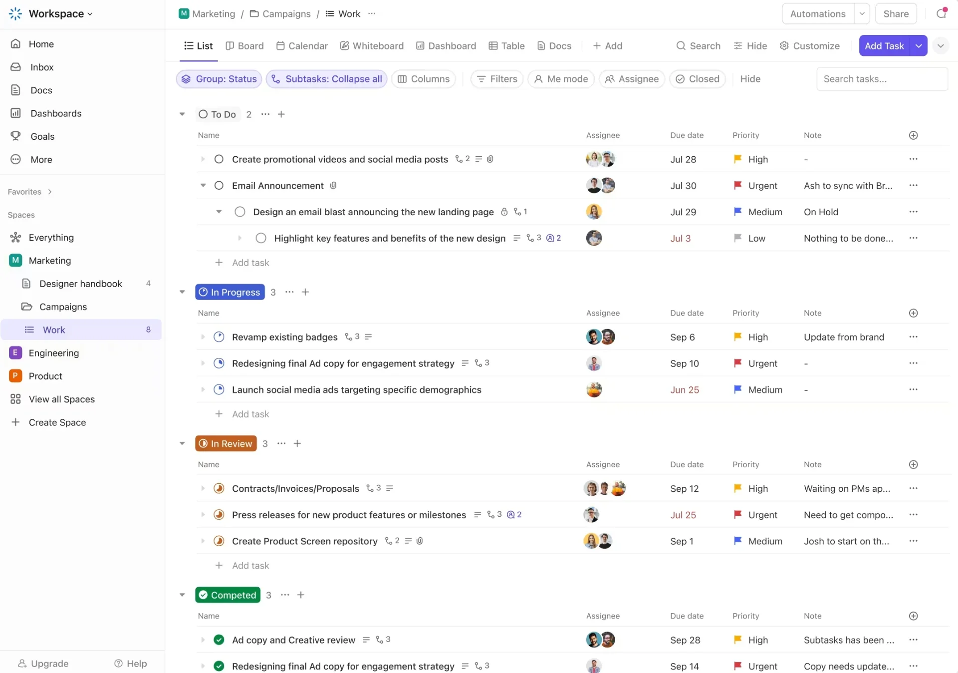 ClickUp list view grouped by status with tasks, assignees, due dates, and priority labels.