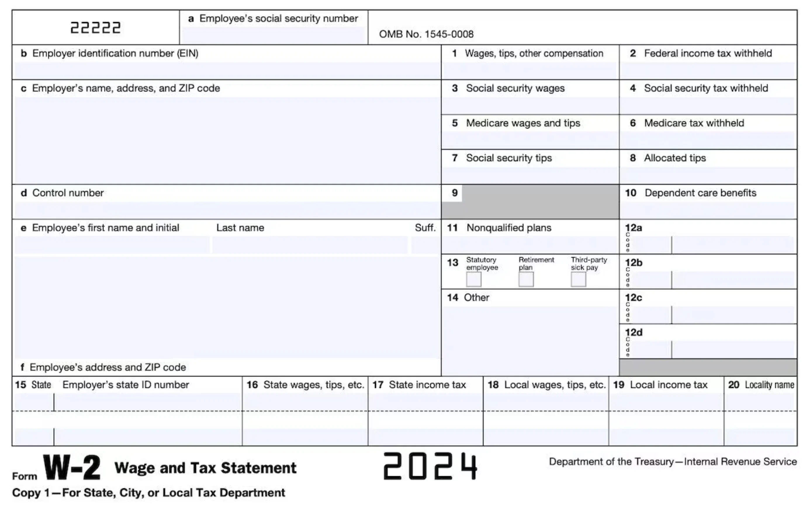 The W-2 form displays a series of boxes like employee name, employer EIN, employee social security number, and wages, tips, and compensation, plus the year 2024 at the bottom.